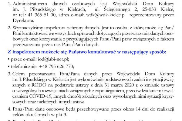 Klauzula informacjna dla uczestników imprez kulturalnych w WDK - w czasie trwania epidemii