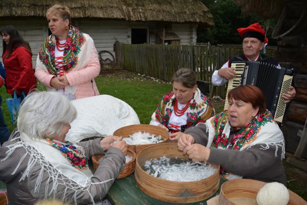 Pokazy: darcia pierza i przędzenia na przęślicy w wykonaniu Koła Gospodyń Wiejskich Korytniczanki - Fot. Agnieszka Markiton