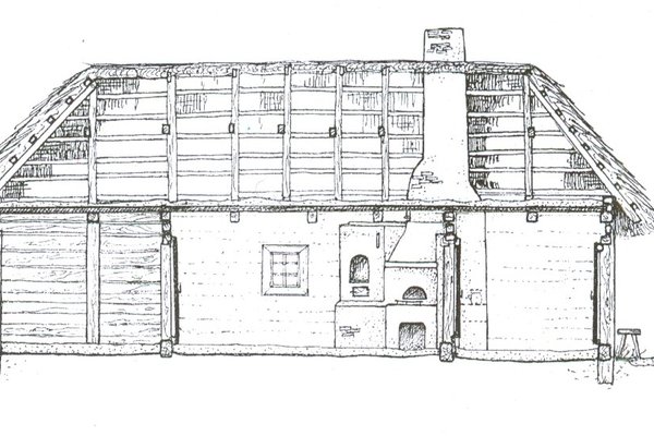 Chałupa z Chrobrza - Rysunek przekrojowy chałupy z zasobów Muzeum Wsi Kieleckiej