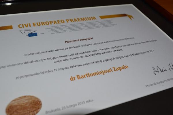 Europejska Nagroda Obywatelska dla Bartłomieja Zapały